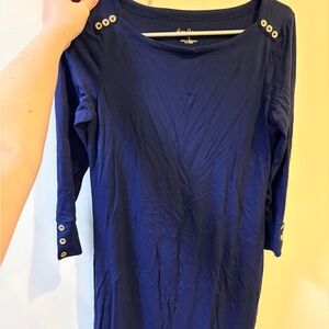 Navy Blue Long Sleeve Short Dress with Button Accents